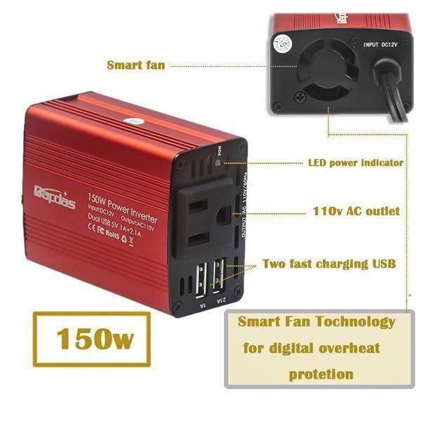 150W Car Power Inverter DC/AC Car with 3.1A Dual USB Car Adapter-Red - VARON